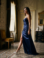 Navy Blue Matte Satin Sheath V-Neck Criss-Cross Straps Floor-Length Formal Dress with Pleating - Curvevia