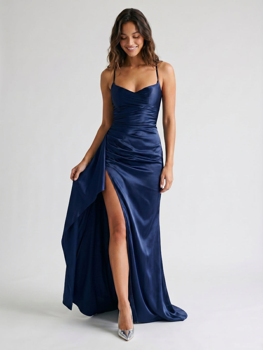 Navy Blue Matte Satin Sheath V-Neck Criss-Cross Straps Floor-Length Formal Dress with Pleating - Curvevia
