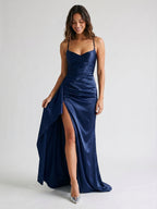 Navy Blue Matte Satin Sheath V-Neck Criss-Cross Straps Floor-Length Formal Dress with Pleating - Curvevia