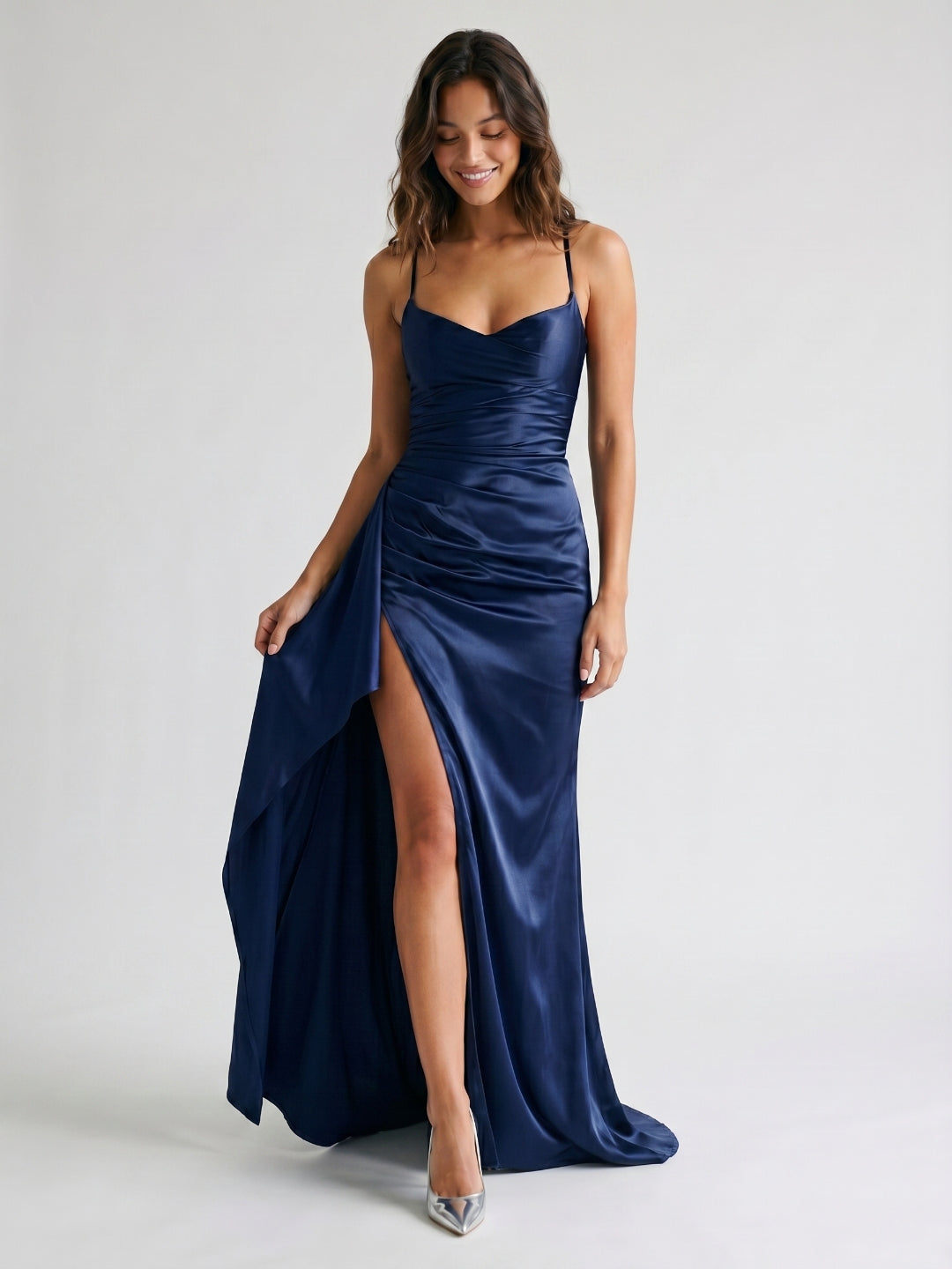 Navy Blue Matte Satin Sheath V-Neck Criss-Cross Straps Floor-Length Formal Dress with Pleating - Curvevia