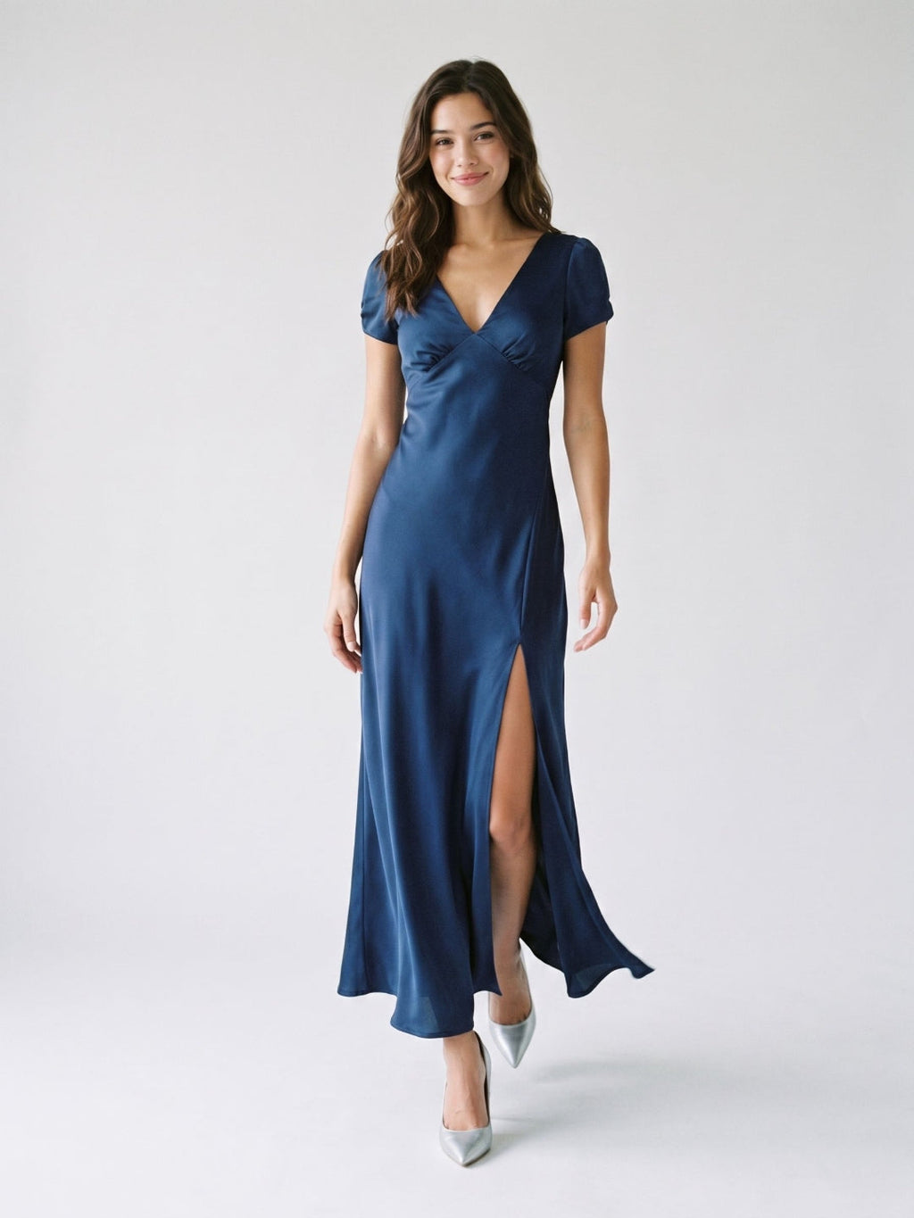 Navy Blue Matte Satin Sheath V-Neck V-Back Ankle-Length Formal Dress with Pleating - Curvevia