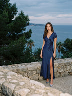 Navy Blue Matte Satin Sheath V-Neck V-Back Ankle-Length Formal Dress with Pleating - Curvevia