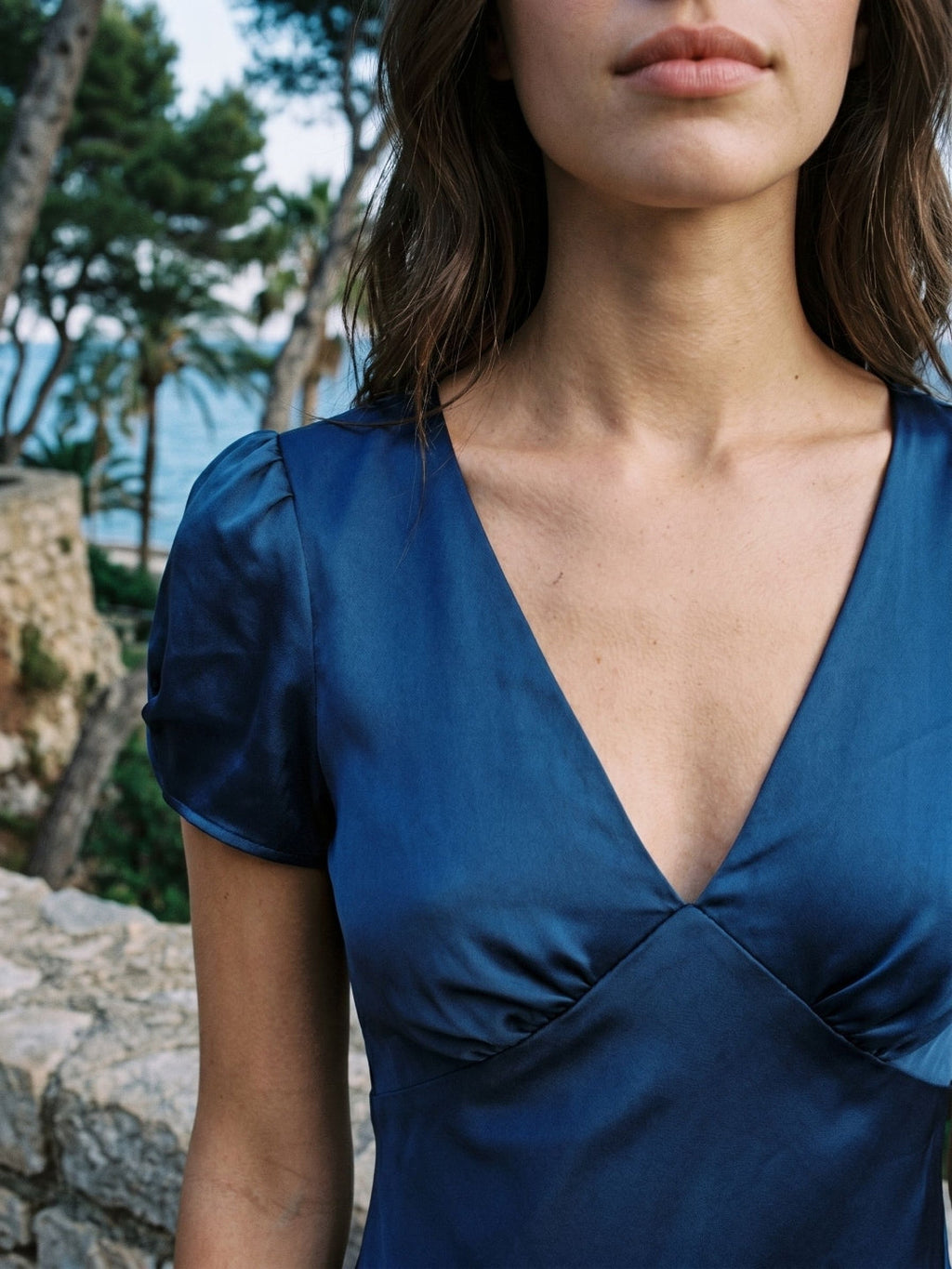 Navy Blue Matte Satin Sheath V-Neck V-Back Ankle-Length Formal Dress with Pleating - Curvevia