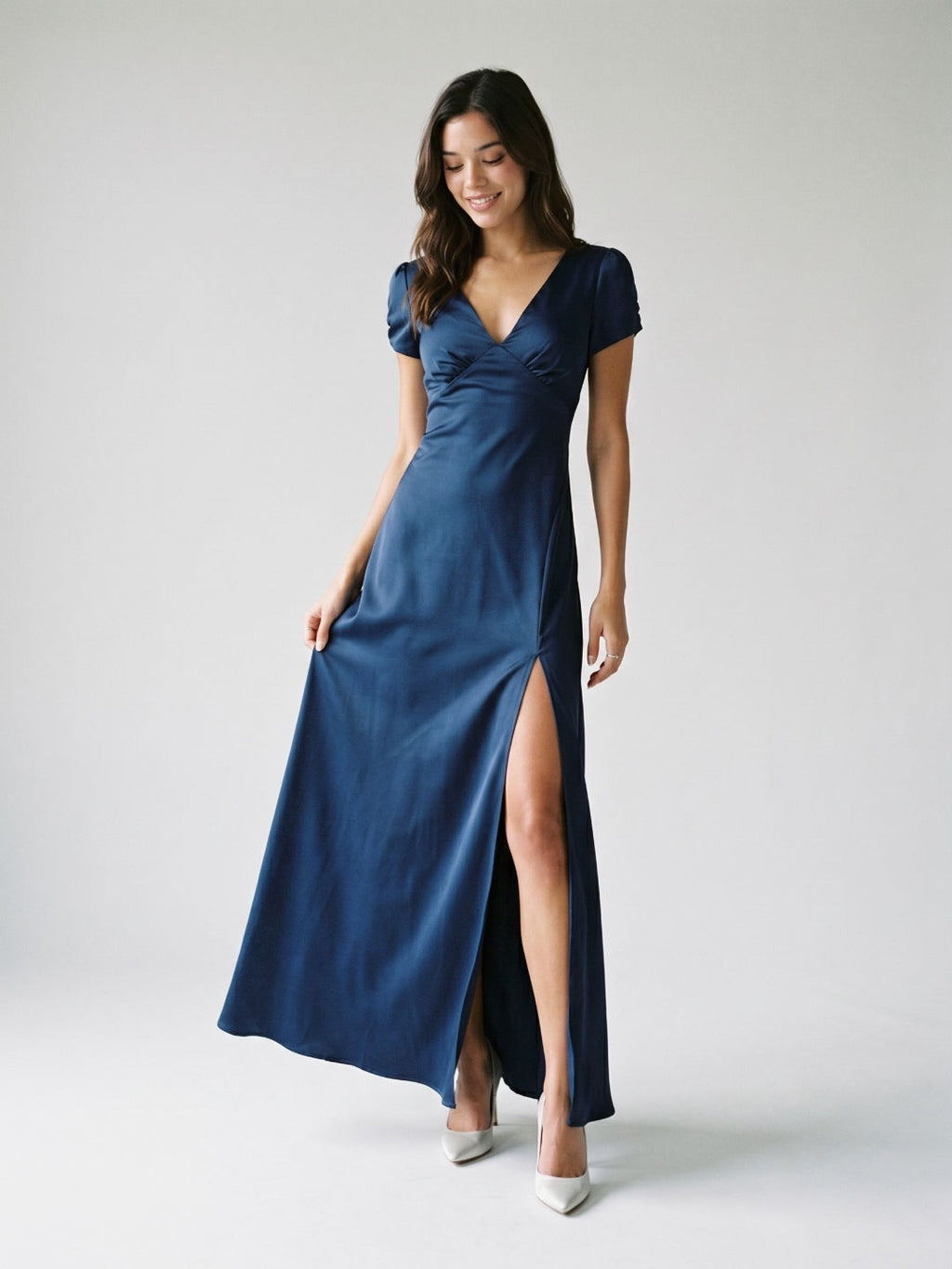 Navy Blue Matte Satin Sheath V-Neck V-Back Ankle-Length Formal Dress with Pleating - Curvevia