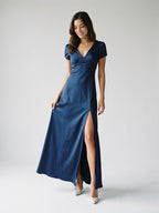 Navy Blue Matte Satin Sheath V-Neck V-Back Ankle-Length Formal Dress with Pleating - Curvevia