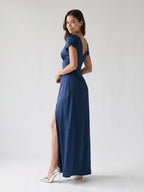 Navy Blue Matte Satin Sheath V-Neck V-Back Ankle-Length Formal Dress with Pleating - Curvevia