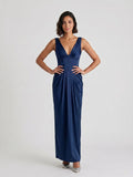 Navy Blue Matte Satin Sheath V-Neck V-Back Floor-Length Formal Dress with Pleating - Curvevia
