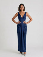 Navy Blue Matte Satin Sheath V-Neck V-Back Floor-Length Formal Dress with Pleating - Curvevia