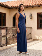Navy Blue Matte Satin Sheath V-Neck V-Back Floor-Length Formal Dress with Pleating - Curvevia
