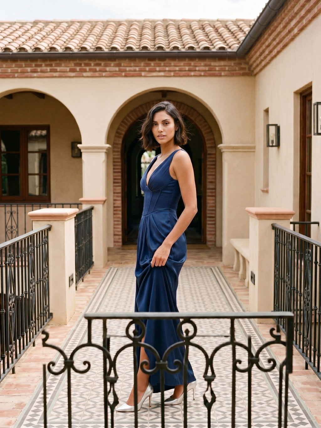 Navy Blue Matte Satin Sheath V-Neck V-Back Floor-Length Formal Dress with Pleating - Curvevia