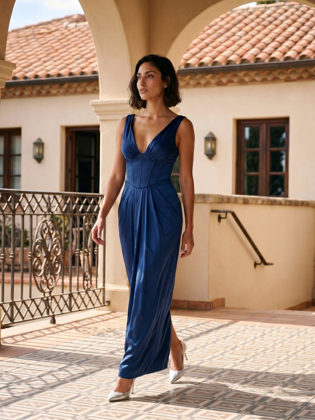 Navy Blue Matte Satin Sheath V-Neck V-Back Floor-Length Formal Dress with Pleating - Curvevia