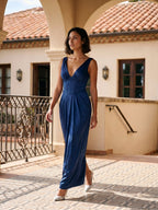 Navy Blue Matte Satin Sheath V-Neck V-Back Floor-Length Formal Dress with Pleating - Curvevia