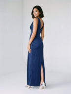 Navy Blue Matte Satin Sheath V-Neck V-Back Floor-Length Formal Dress with Pleating - Curvevia