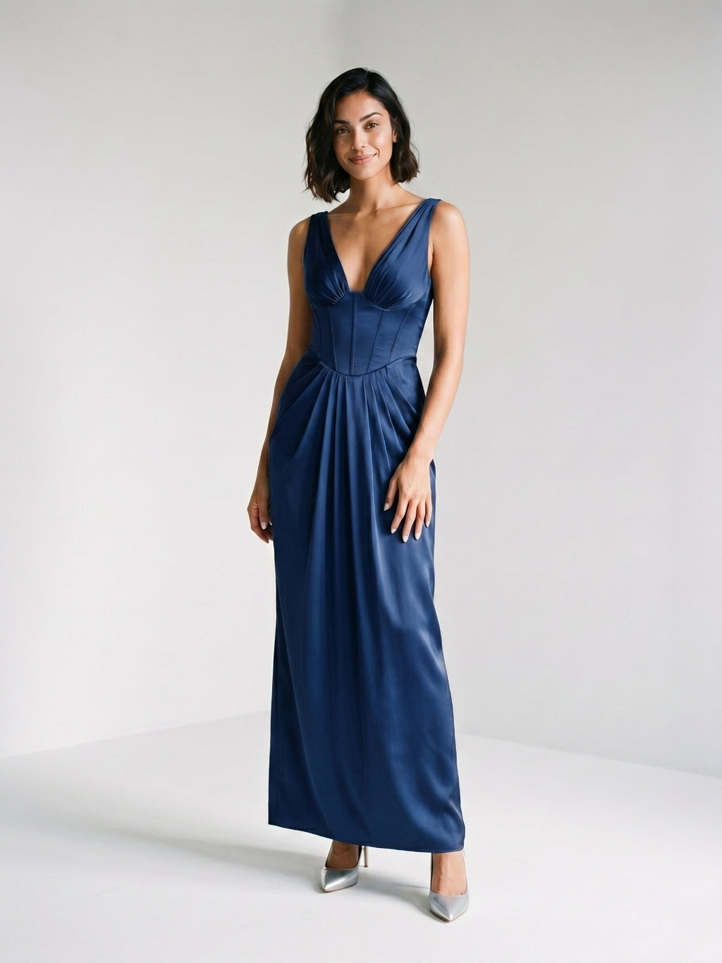 Navy Blue Matte Satin Sheath V-Neck V-Back Floor-Length Formal Dress with Pleating - Curvevia