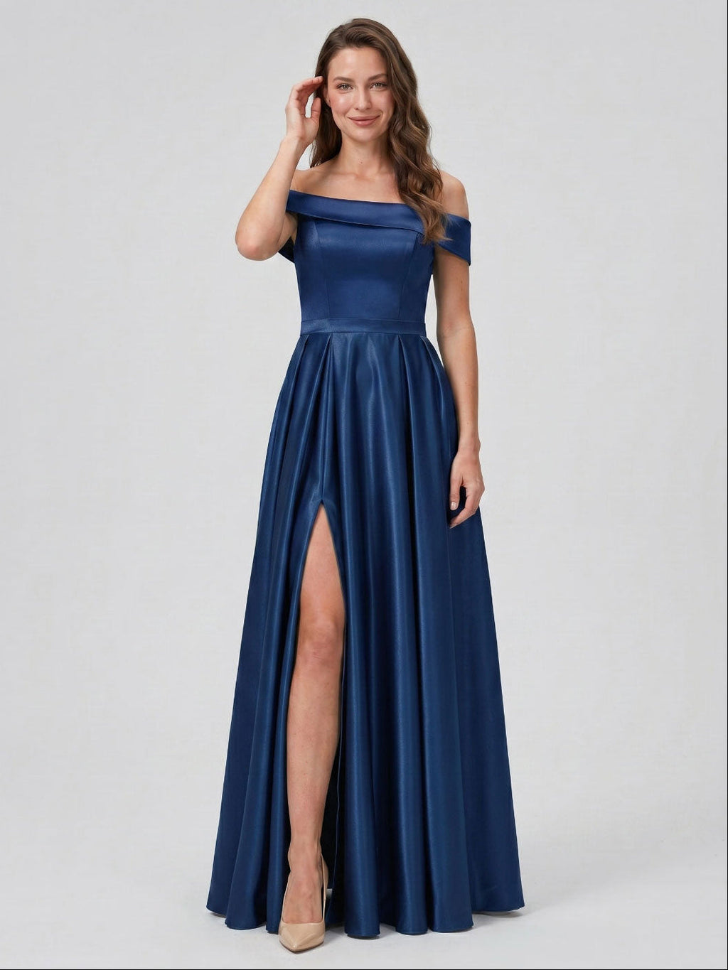 Navy Blue Satin A-Line Off-the-Shoulder Back Zip Floor-Length Bridesmaid Dress with Pleating - Curvevia