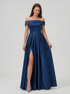 Navy Blue Satin A-Line Off-the-Shoulder Back Zip Floor-Length Bridesmaid Dress with Pleating - Curvevia