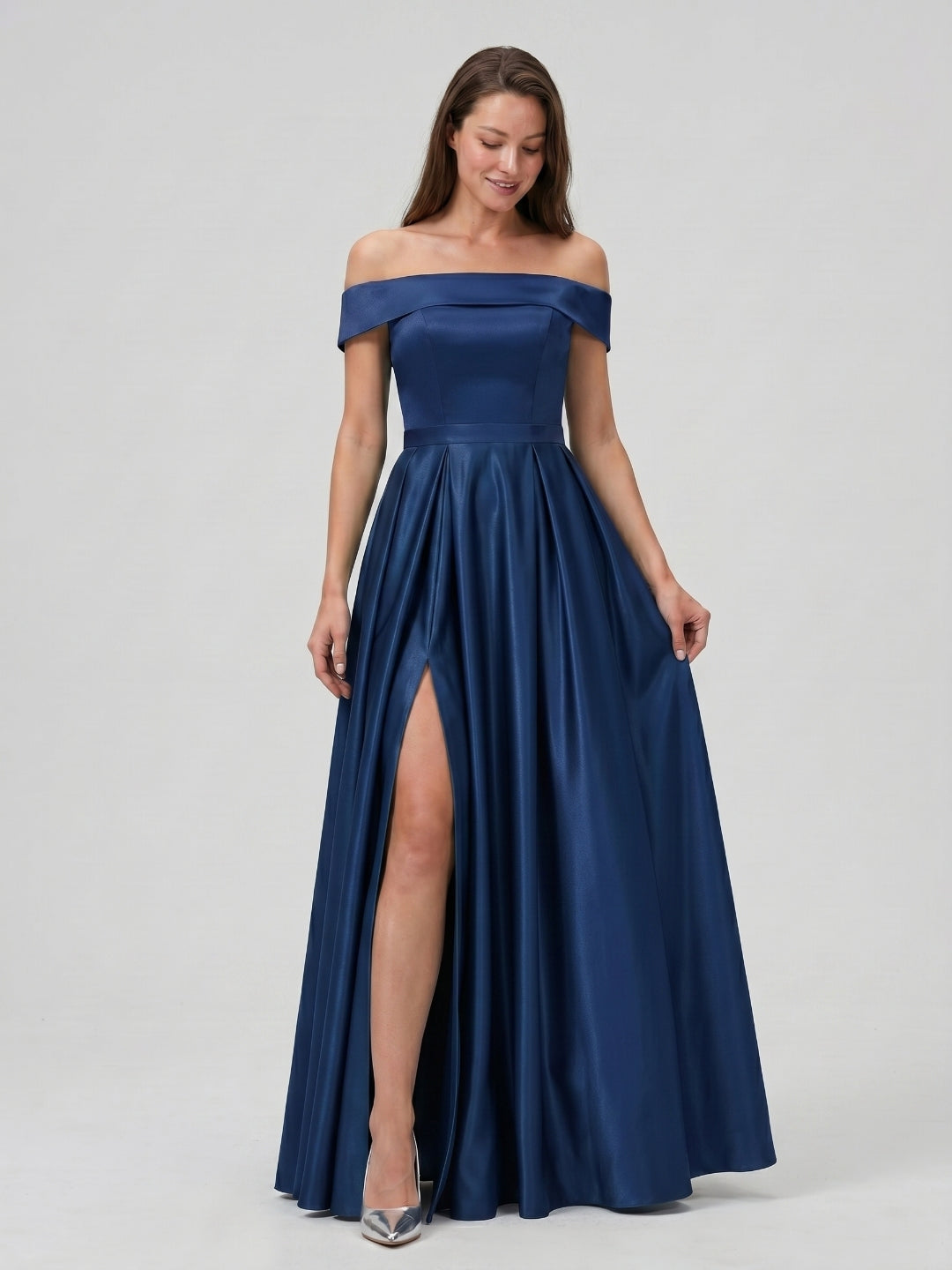 Navy Blue Satin A-Line Off-the-Shoulder Back Zip Floor-Length Bridesmaid Dress with Pleating - Curvevia