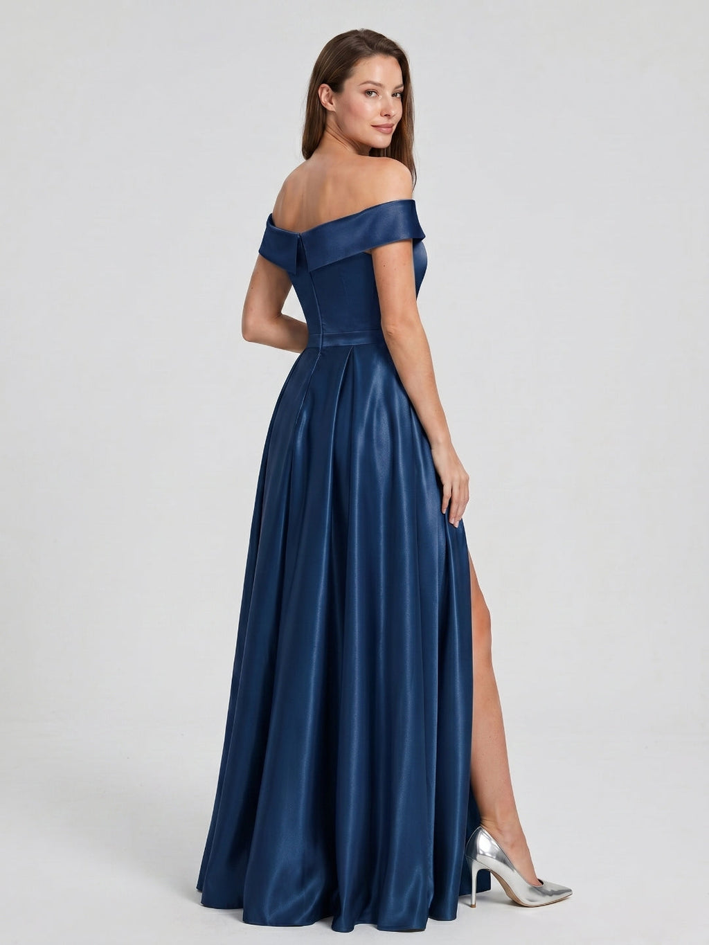 Navy Blue Satin A-Line Off-the-Shoulder Back Zip Floor-Length Bridesmaid Dress with Pleating - Curvevia