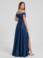 Navy Blue Satin A-Line Off-the-Shoulder Back Zip Floor-Length Bridesmaid Dress with Pleating - Curvevia