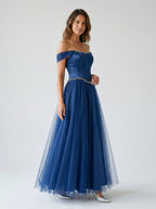 Navy Blue Satin A-Line Off-the-Shoulder Floor-Length Dress with Beading - Curvevia