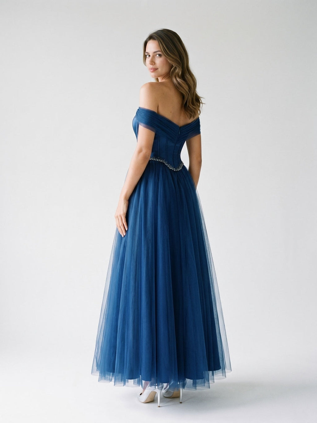 Navy Blue Satin A-Line Off-the-Shoulder Floor-Length Dress with Beading - Curvevia