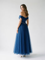 Navy Blue Satin A-Line Off-the-Shoulder Floor-Length Dress with Beading - Curvevia