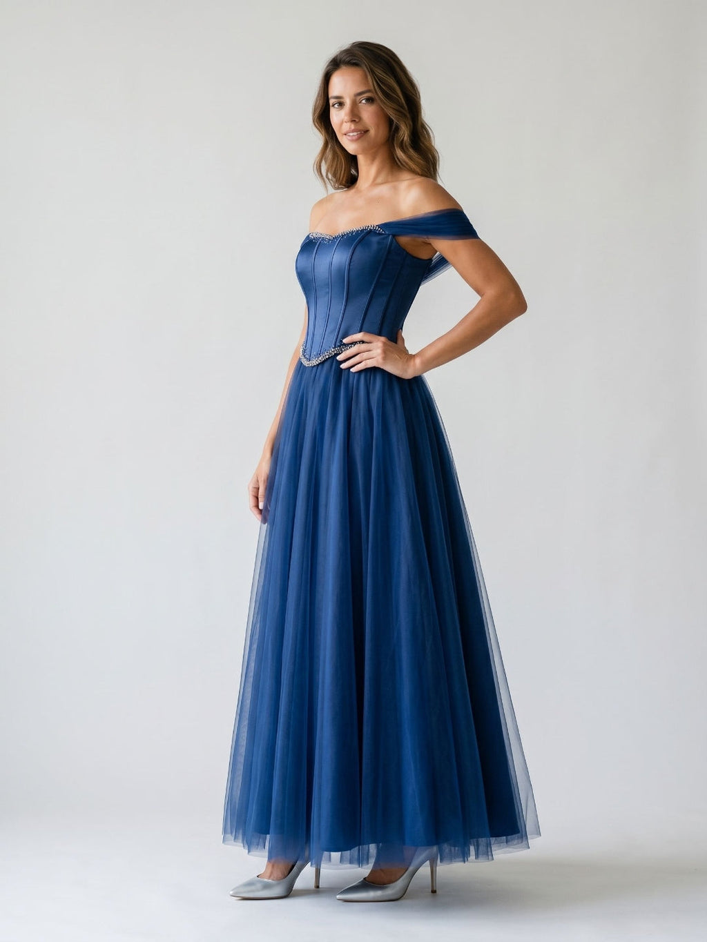 Navy Blue Satin A-Line Off-the-Shoulder Floor-Length Dress with Beading - Curvevia