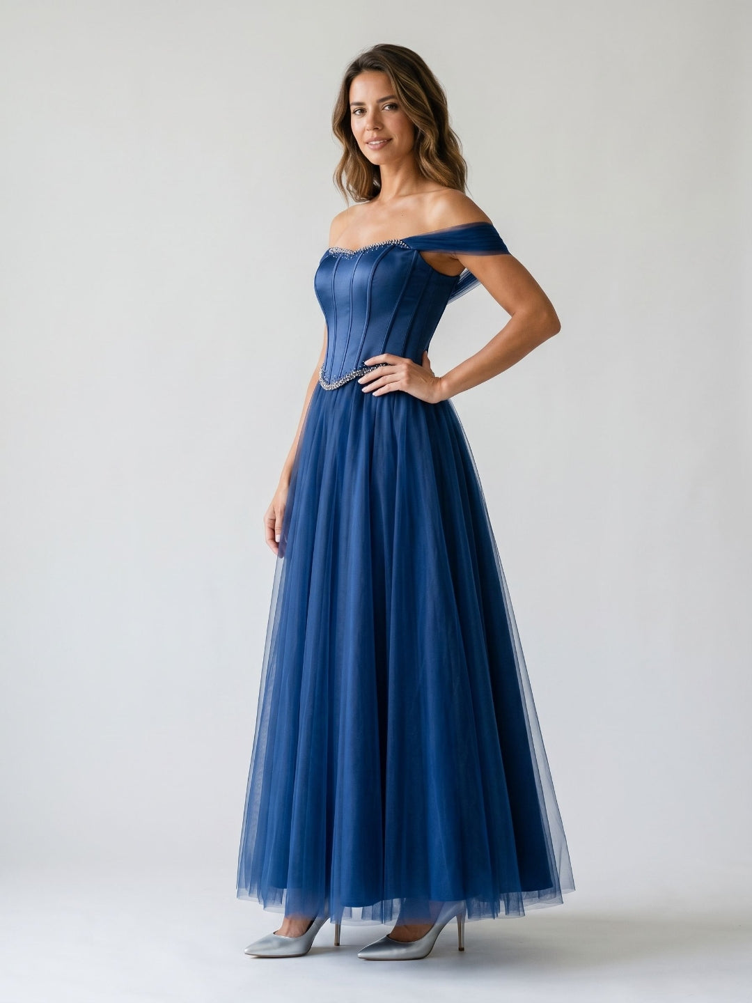 Navy Blue Satin A-Line Off-the-Shoulder Floor-Length Dress with Beading - Curvevia