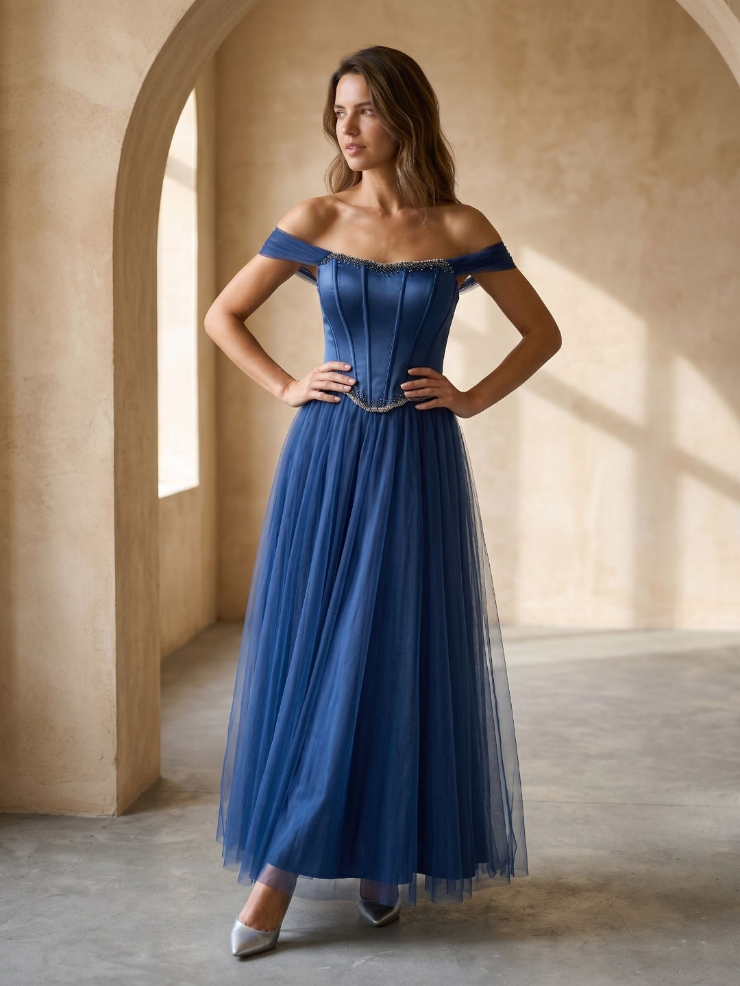 Navy Blue Satin A-Line Off-the-Shoulder Floor-Length Dress with Beading - Curvevia