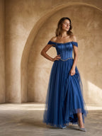 Navy Blue Satin A-Line Off-the-Shoulder Floor-Length Dress with Beading - Curvevia