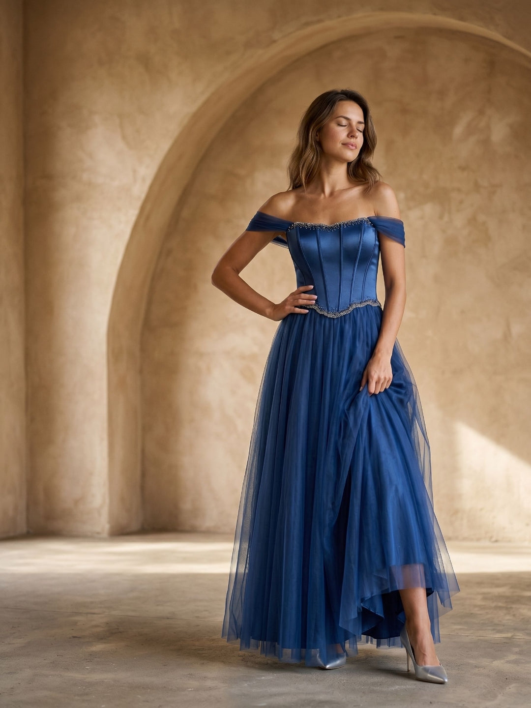 Navy Blue Satin A-Line Off-the-Shoulder Floor-Length Dress with Beading - Curvevia