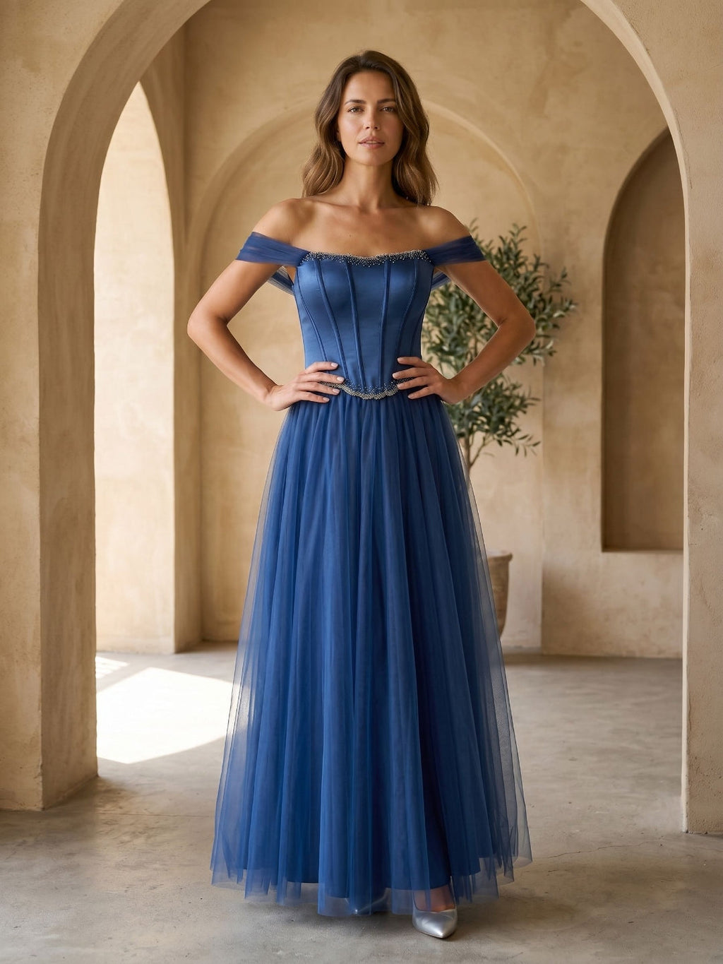 Navy Blue Satin A-Line Off-the-Shoulder Floor-Length Dress with Beading - Curvevia