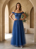 Navy Blue Satin A-Line Off-the-Shoulder Floor-Length Dress with Beading - Curvevia