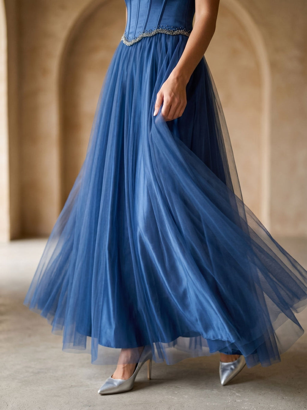 Navy Blue Satin A-Line Off-the-Shoulder Floor-Length Dress with Beading - Curvevia