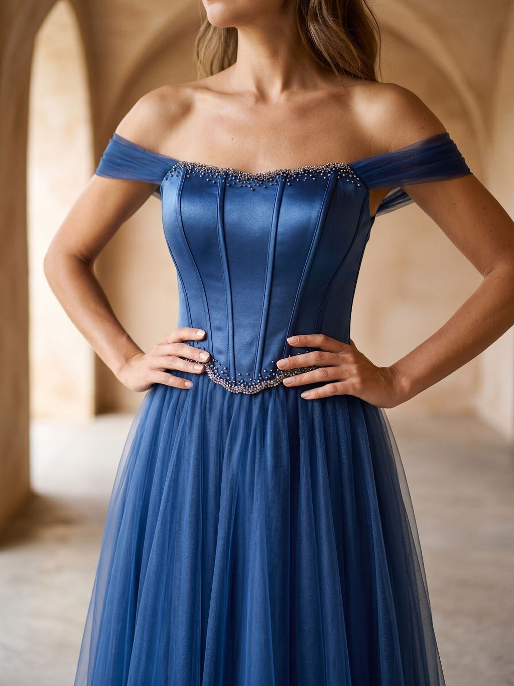 Navy Blue Satin A-Line Off-the-Shoulder Floor-Length Dress with Beading - Curvevia