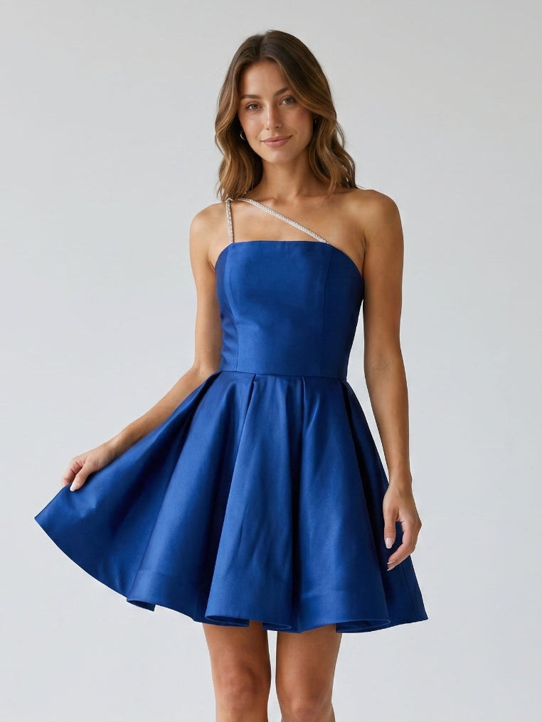 Navy Blue Satin A-Line One Shoulder Backless Short Homecoming Dress with Pleating - Curvevia