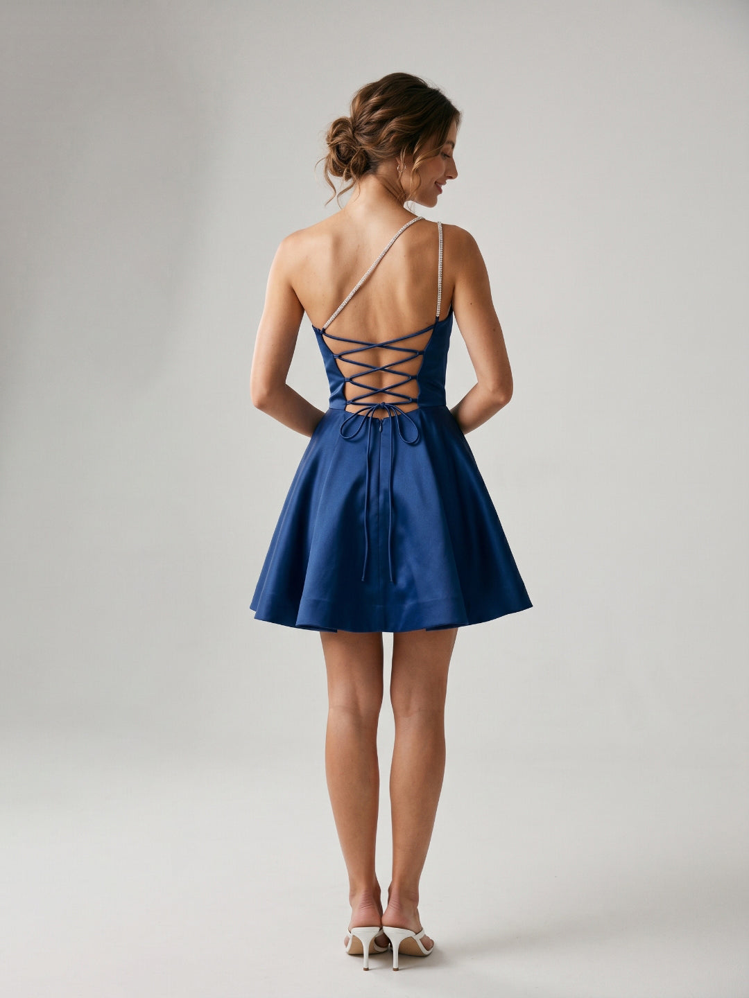 Navy Blue Satin A-Line One Shoulder Backless Short Homecoming Dress with Pleating - Curvevia