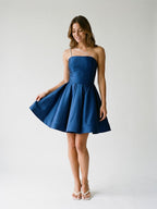 Navy Blue Satin A-Line One Shoulder Backless Short Homecoming Dress with Pleating - Curvevia