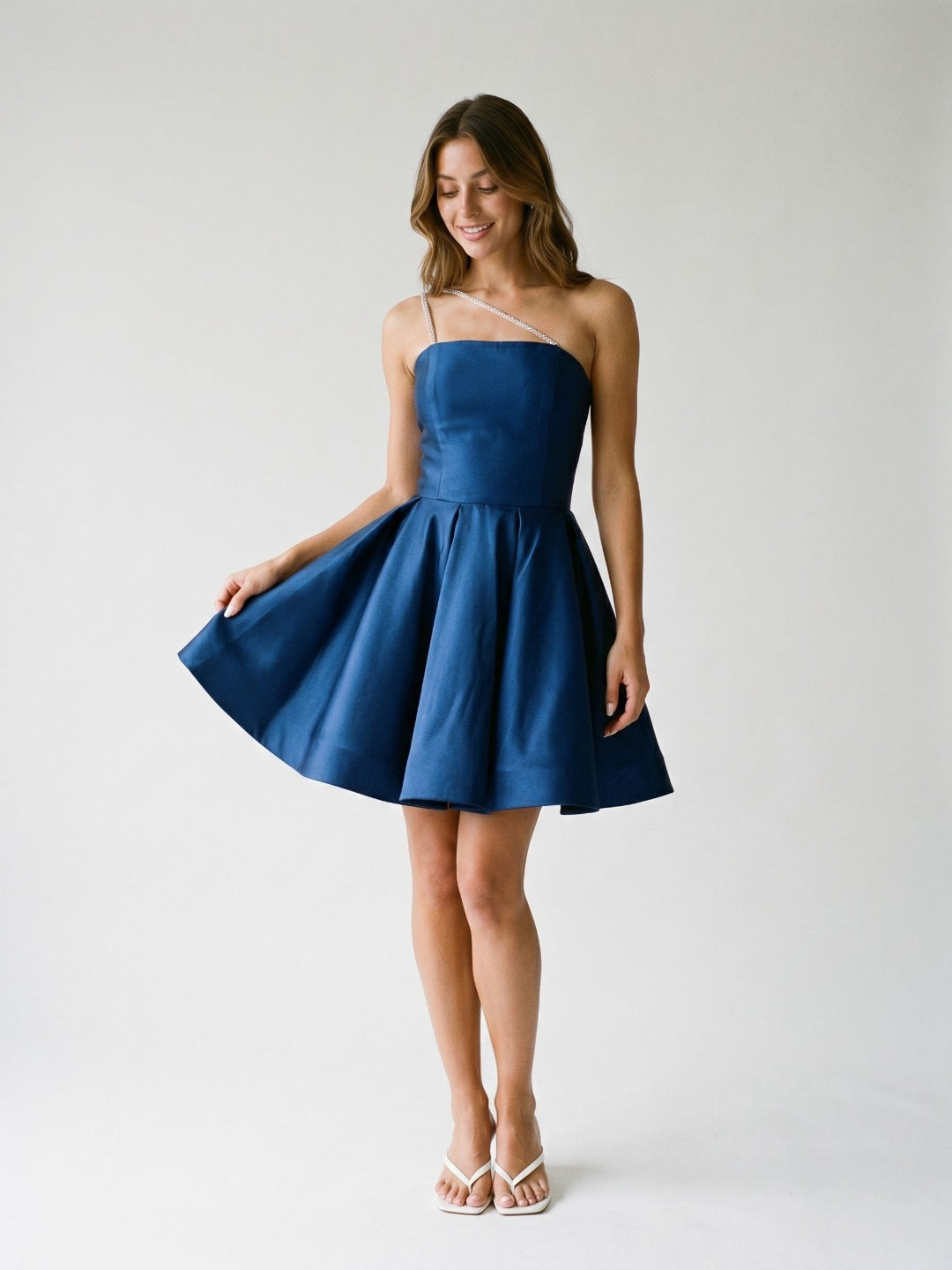 Navy Blue Satin A-Line One Shoulder Backless Short Homecoming Dress with Pleating - Curvevia