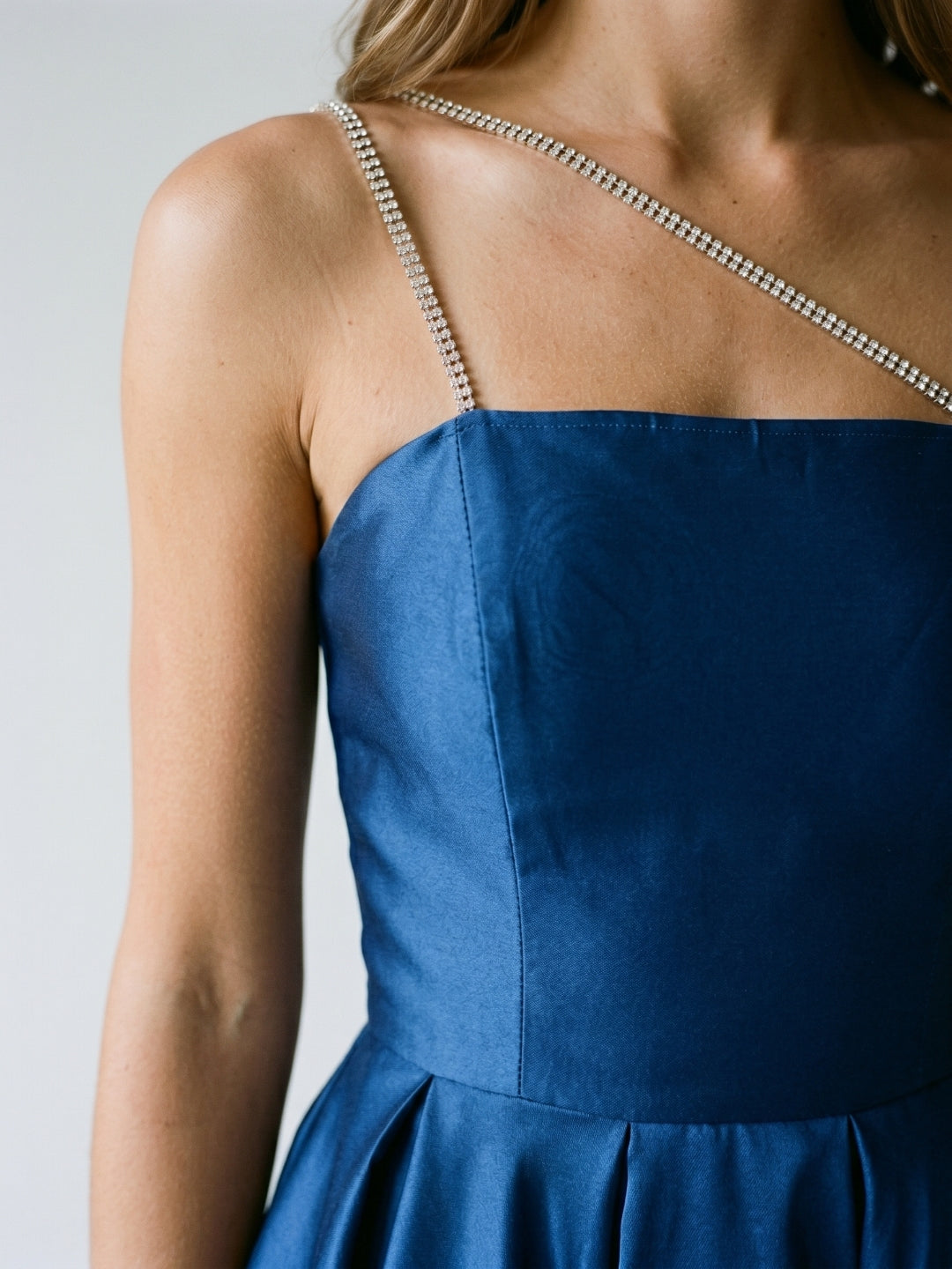 Navy Blue Satin A-Line One Shoulder Backless Short Homecoming Dress with Pleating - Curvevia