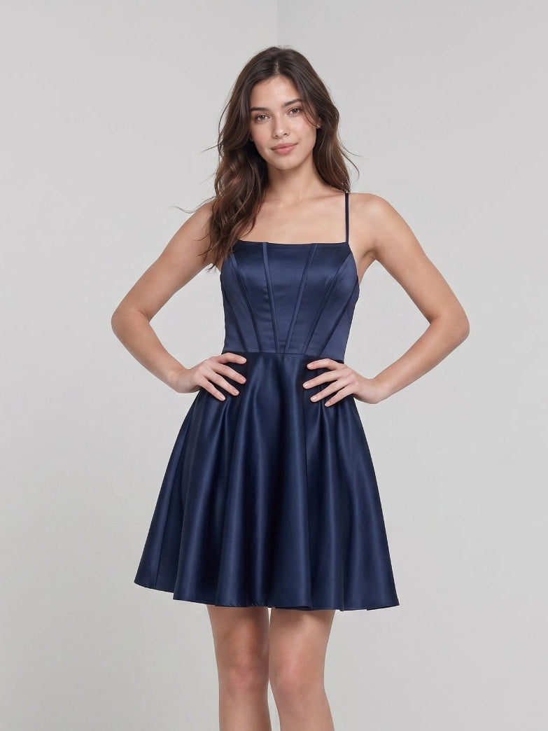 Navy Blue Satin A-Line Scoop Neck Lace-Up Back Short Dress - Curvevia