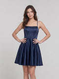 Navy Blue Satin A-Line Scoop Neck Lace-Up Back Short Dress - Curvevia