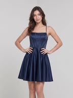 Navy Blue Satin A-Line Scoop Neck Lace-Up Back Short Dress - Curvevia