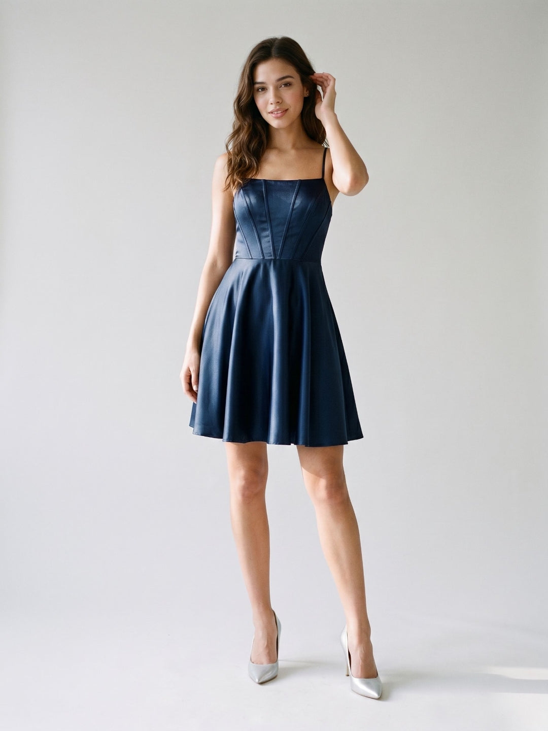 Navy Blue Satin A-Line Scoop Neck Lace-Up Back Short Dress - Curvevia