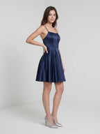Navy Blue Satin A-Line Scoop Neck Lace-Up Back Short Dress - Curvevia