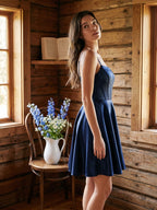 Navy Blue Satin A-Line Scoop Neck Lace-Up Back Short Dress - Curvevia