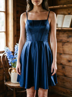 Navy Blue Satin A-Line Scoop Neck Lace-Up Back Short Dress - Curvevia