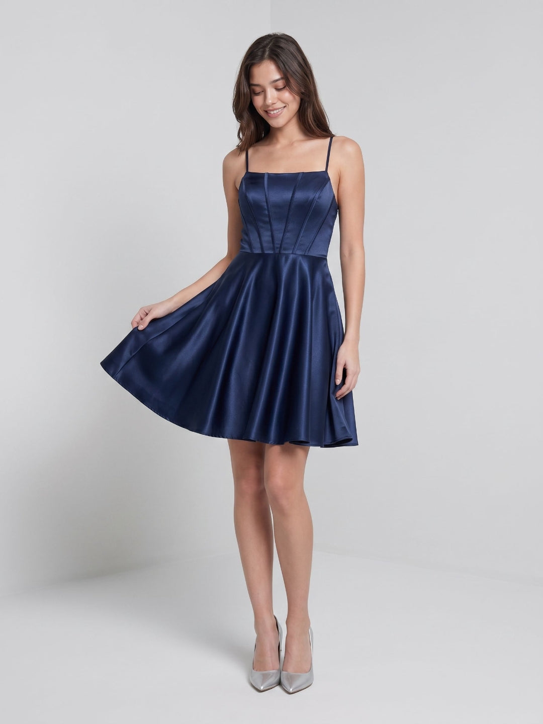 Navy Blue Satin A-Line Scoop Neck Lace-Up Back Short Dress - Curvevia