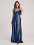 Navy Blue Satin A-Line Square Neck Floor-Length Bridesmaid Dress - Curvevia