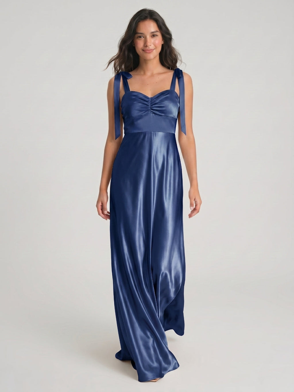 Navy Blue Satin A-Line Square Neck Floor-Length Bridesmaid Dress - Curvevia